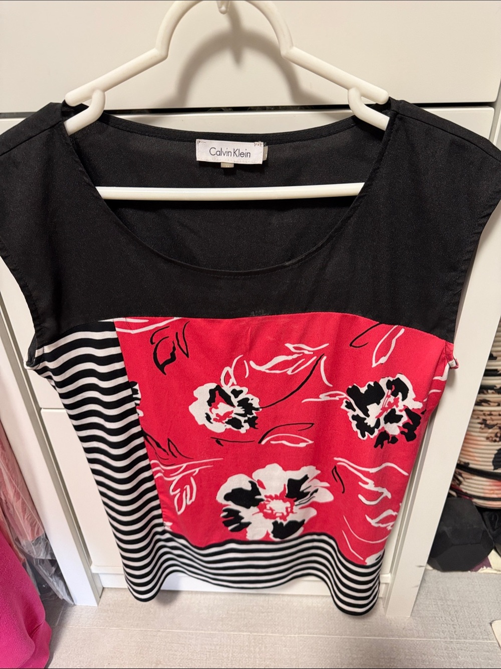 Calvin Klein Black, Red and White Floral Stripe Cap-Sleeve Top